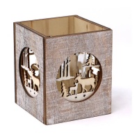 Castiçal quadrado de madeira com motivos natalícios 8,2 x 8,2 x 9,5 cm