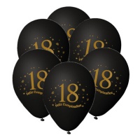 Balões de látex preto com número 18 dourado Feliz Aniversário 23 cm - 6 unidades