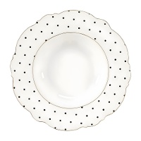Prato de sopa branco de 22,5 cm com poás pretos e borda dourada