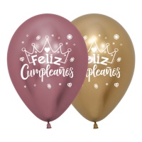Balão de latex de Feliz Cumpleaños rapariga com coroa de 30 cm - Sempertex - 12 unidades