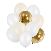 Balões de látex 27 a 30 cm branco e dourado - 10 peças.