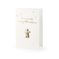 Cartão de Natal branco com pin de boneco de gengibre
