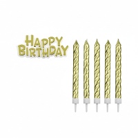 Conjunto de velas coloridas encaracoladas Happy Birthday com placa Happy Birthday - PME - 17 unid.