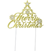 Topo de bolo Merry Christmas dourado, 16 x 24 cm