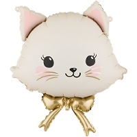 Balão gato kawaii com laço dourado, design infantil