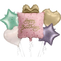 Buquê de balões Happy Birthday em tons pastel - 5 unidades