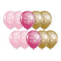 Balões princesa cor-de-rosa, fúcsia e dourado 30 cm - 10 unid.