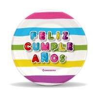 Pratos Happy Birthday com riscas coloridas 18 cm - 8 unid.