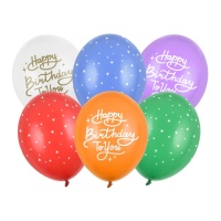 Happy Birthday balões de látex multicoloridos com estrelas 30 cm - PartyDeco - 6 peças