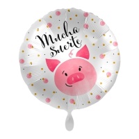 Balão redondo Mucha suerte branco com porquinho 43 cm - Premioloon