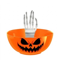 Tigela de Halloween laranja com mão esquelética