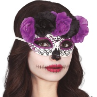 Máscara Catrina com flores pretas e lilases