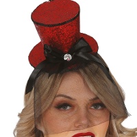 Fita para a cabeça com mini chapéu vermelho Steampunk