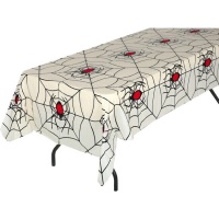 Toalha de mesa com teia de aranha e aranha com fundo vermelho 1,35 x 2,70 m