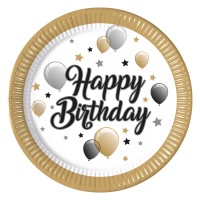 Happy Birthday Pratos dourados com balões 23 cm - 8 unid.