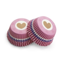 Cápsulas para cupcakes cor-de-rosa com corações e pontos - 50 unidades
