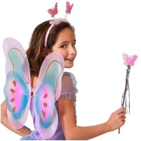 Conjunto de borboleta multicolor com asas, tiara e varinha
