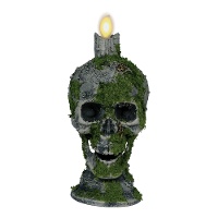Caveira com vela, musgo e luz de 35 cm