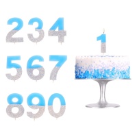Vela numérica azul pastel com purpurina prateada 7 cm