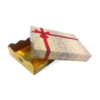 Tabuleiro dourado com tampa decorada com laço vermelho 34 x 25 x 5 cm - Pastkolor