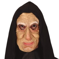 Máscara de látex de uma mulher idosa com capuz