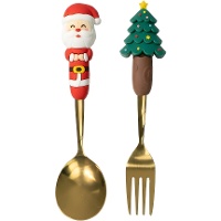 Conjunto de garfo e colher de Natal com Papai Noel e árvore