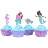 Forminhas de cupcake com picks de sereias e animais marinhos - 24 unidades