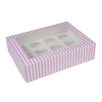 Caixa para 12 cupcakes às riscas rosa e branco - 34 x 25,5 x 9 cm - House of Marie - 2 unidades