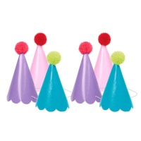 Chapéus de festa de cores sortidas com purpurina e pompom - 6 unidades