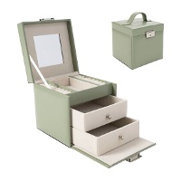 Porta-joias verde de 3 níveis com medidas de 15,5 x 15,5 x 15,5 cm