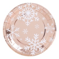 Pratos rosa-salmão metalizado com flocos de neve de 18 cm - 8 unidades