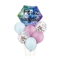 Bouquet hexagonal de Feliz Aniversário cor-de-rosa e branco - 7 unidades