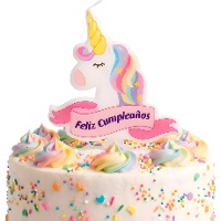 Vela de unicórnio «Feliz Aniversário» de 10 x 10 cm