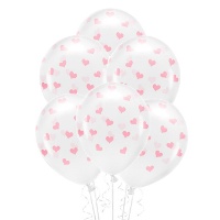 Balões de látex transparentes com corações 33 cm biodegradáveis - PartyDeco - 6 unidades