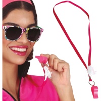 Apito com fita cor-de-rosa e pena