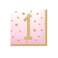 Guardanapo de primeiro aniversário cor-de-rosa com coroa de 16,5 X 16,5 cm - 16 unidades