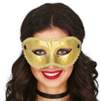 Máscara veneziana dourada com purpurinas brilhantes