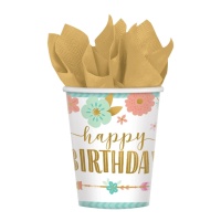 Copos de flores Happy Birthday 250 ml - 8 unid.