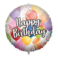 Balão Feliz Aniversário com balões coloridos e confettis 46 cm