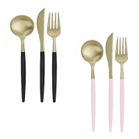 Talheres de plástico coloridos com dourado metalizado - 12 unid.
