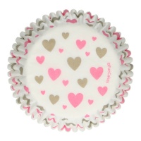 Cápsulas para cupcakes com corações rosa e dourados - FunCakes - 48 unidades