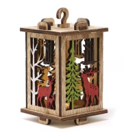 Lanterna de Natal em madeira com renas e árvores com luz led de 15 cm