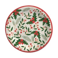 Pratos de Natal com flores de azevinho de 18 cm - 8 unidades