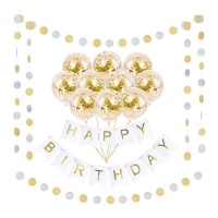 Kit de balões Happy Birthday dourado - Monkey Business - 13 unidades