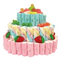 Bolo de gomas de nuvens azul e rosa com 3 andares de 595 gr
