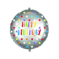 Feliz Aniversário balão redondo com estrelas multicoloridas 46 cm - Procos