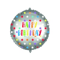 Balão redondo Happy Birthday com estrelas multicoloridas 46 cm - Procos
