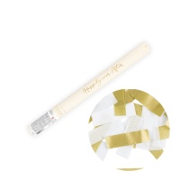 Canhão de confettis manual com tiras brancas e douradas - 35 cm