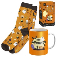 Conjunto de presente de caneca e meias Halloween cemitério