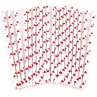 Canudinhos de papel brancos com corações vermelhos - 20 unidades